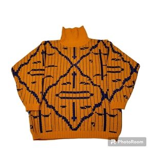 VTG LeRoy Knitwear Abstract Modernist 70s Sweater Sz L Orange & Blue